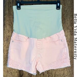 BELLA VIDA Maternity Shorts~Size Small~Color is medium pink~Lace accent~EUC
